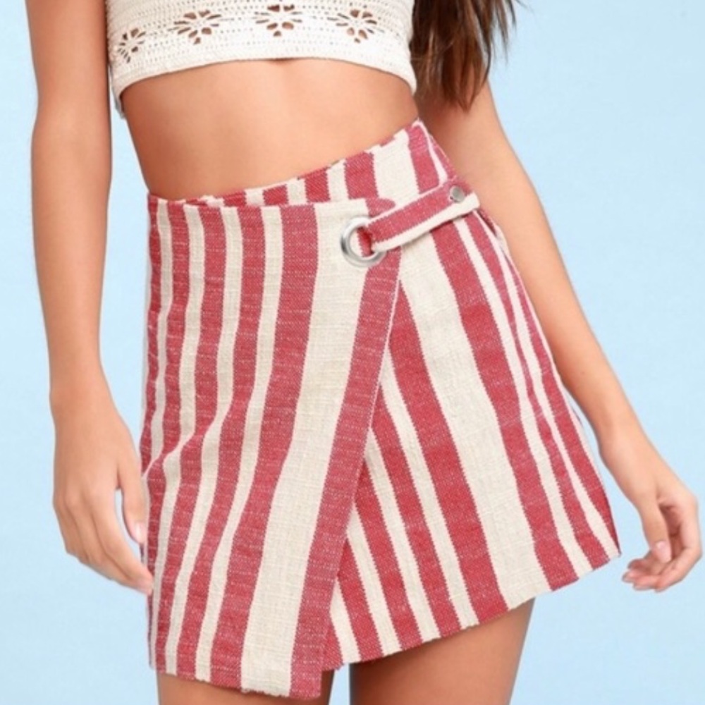 Free People It's A Wrap Red Striped Wrap Mini Skirt sz XS